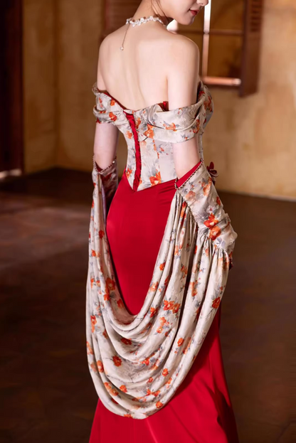 New Tendency Off-Shoulder Floral Bodice Slit Prom Dress Red Beading Appliques Evening Dress AP7128