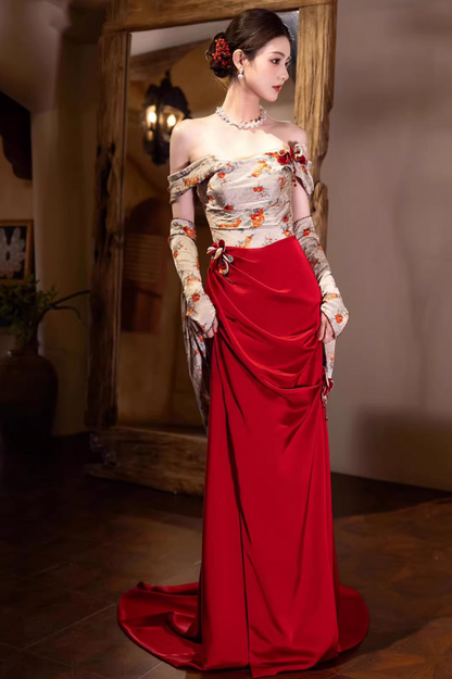 New Tendency Off-Shoulder Floral Bodice Slit Prom Dress Red Beading Appliques Evening Dress AP7128