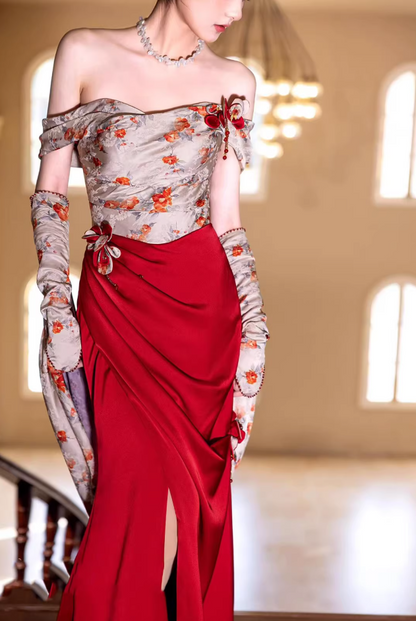 New Tendency Off-Shoulder Floral Bodice Slit Prom Dress Red Beading Appliques Evening Dress AP7128