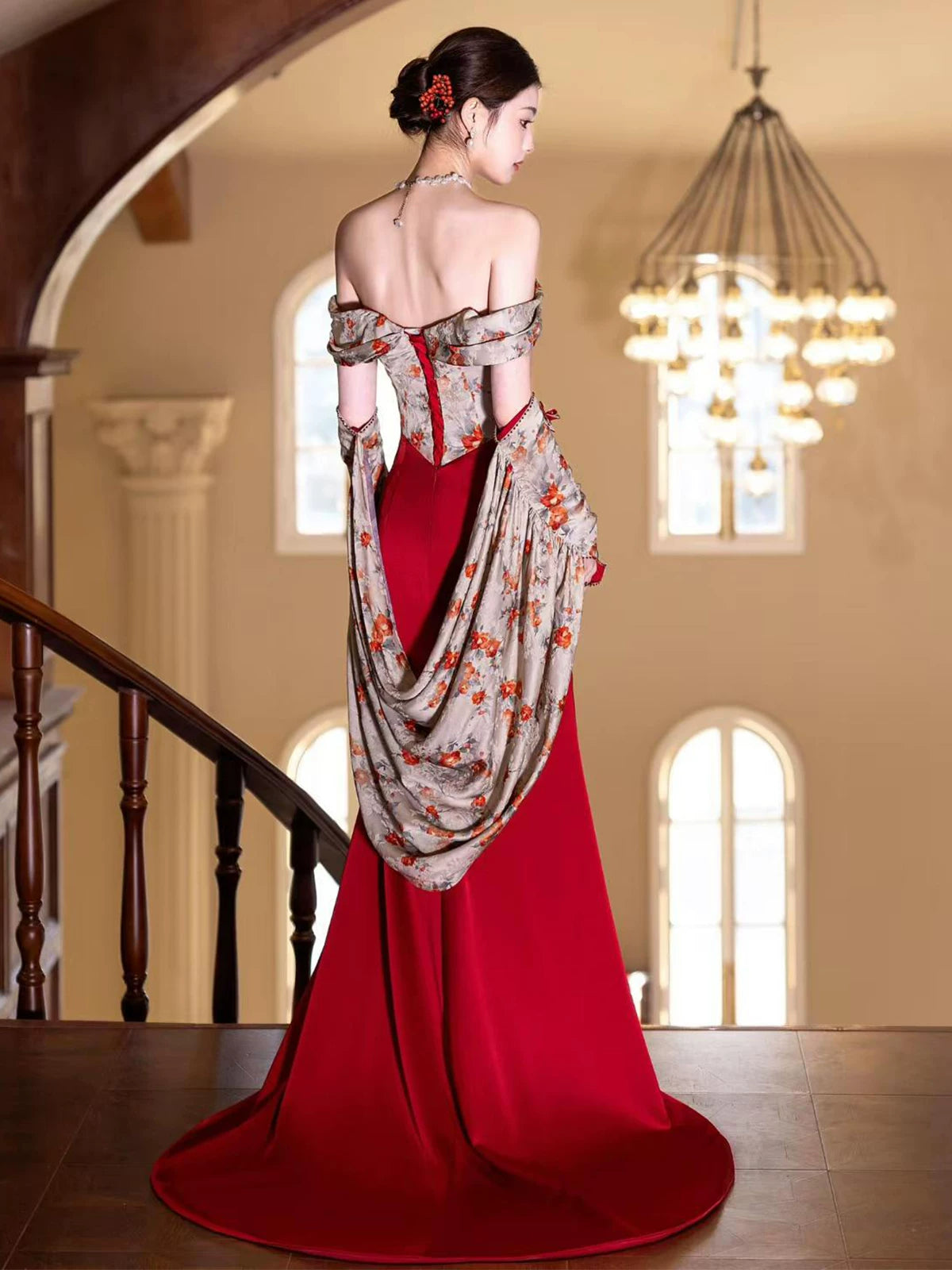 New Tendency Off-Shoulder Floral Bodice Slit Prom Dress Red Beading Appliques Evening Dress AP7128