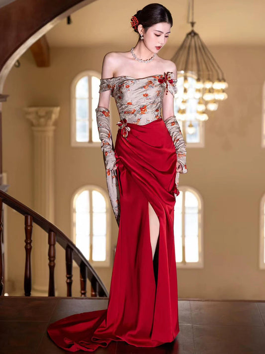 New Tendency Off-Shoulder Floral Bodice Slit Prom Dress Red Beading Appliques Evening Dress AP7128