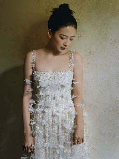 Exquisite Spaghetti Strap Feather Prom Dress White Sequins Beading A-Line Evening Dress AP7129