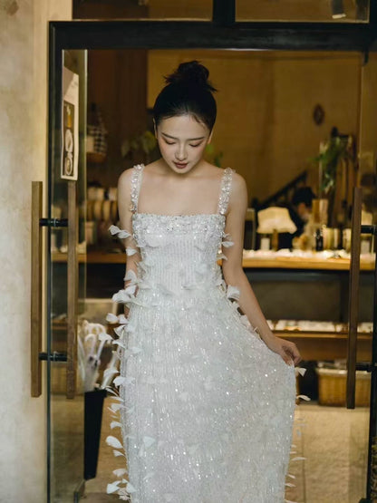 Exquisite Spaghetti Strap Feather Prom Dress White Sequins Beading A-Line Evening Dress AP7129
