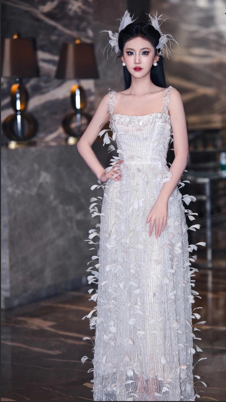 Exquisite Spaghetti Strap Feather Prom Dress White Sequins Beading A-Line Evening Dress AP7129
