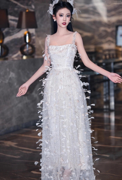Exquisite Spaghetti Strap Feather Prom Dress White Sequins Beading A-Line Evening Dress AP7129