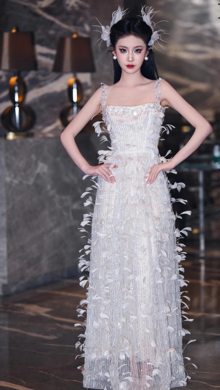 Exquisite Spaghetti Strap Feather Prom Dress White Sequins Beading A-Line Evening Dress AP7129