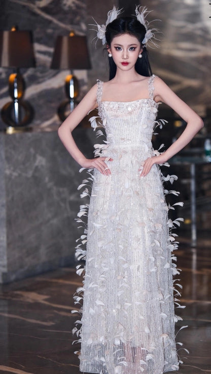 Exquisite Spaghetti Strap Feather Prom Dress White Sequins Beading A-Line Evening Dress AP7129