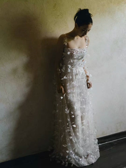 Exquisite Spaghetti Strap Feather Prom Dress White Sequins Beading A-Line Evening Dress AP7129
