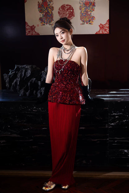 Hottie Strapless Sheath Prom Dress Red Sequins Pleated Evening Dress AP7130
