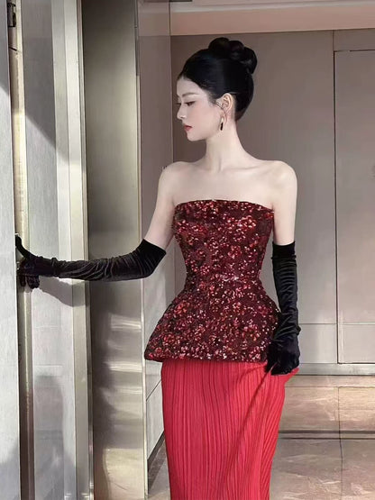 Hottie Strapless Sheath Prom Dress Red Sequins Pleated Evening Dress AP7130