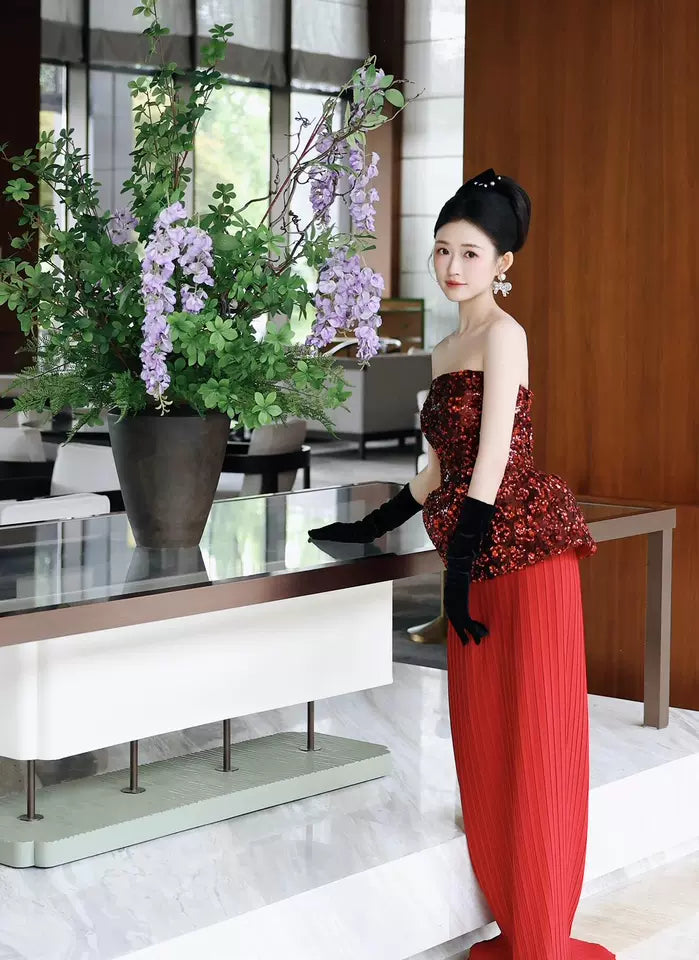 Hottie Strapless Sheath Prom Dress Red Sequins Pleated Evening Dress AP7130