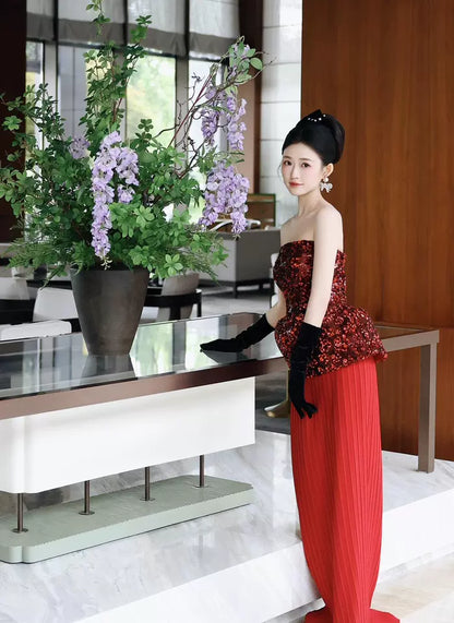 Hottie Strapless Sheath Prom Dress Red Sequins Pleated Evening Dress AP7130