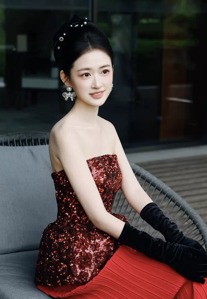 Hottie Strapless Sheath Prom Dress Red Sequins Pleated Evening Dress AP7130