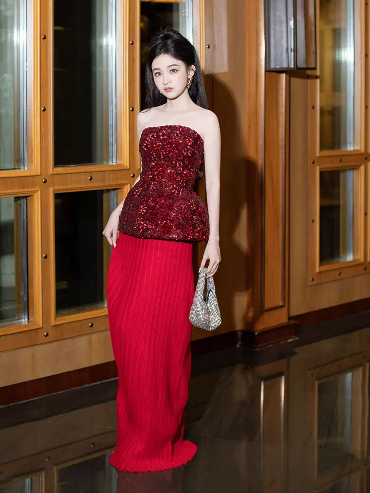 Hottie Strapless Sheath Prom Dress Red Sequins Pleated Evening Dress AP7130