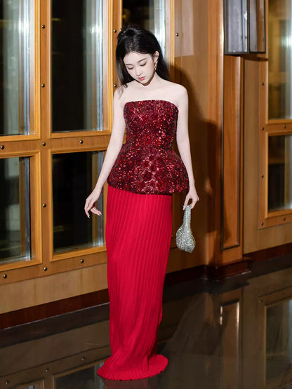 Hottie Strapless Sheath Prom Dress Red Sequins Pleated Evening Dress AP7130