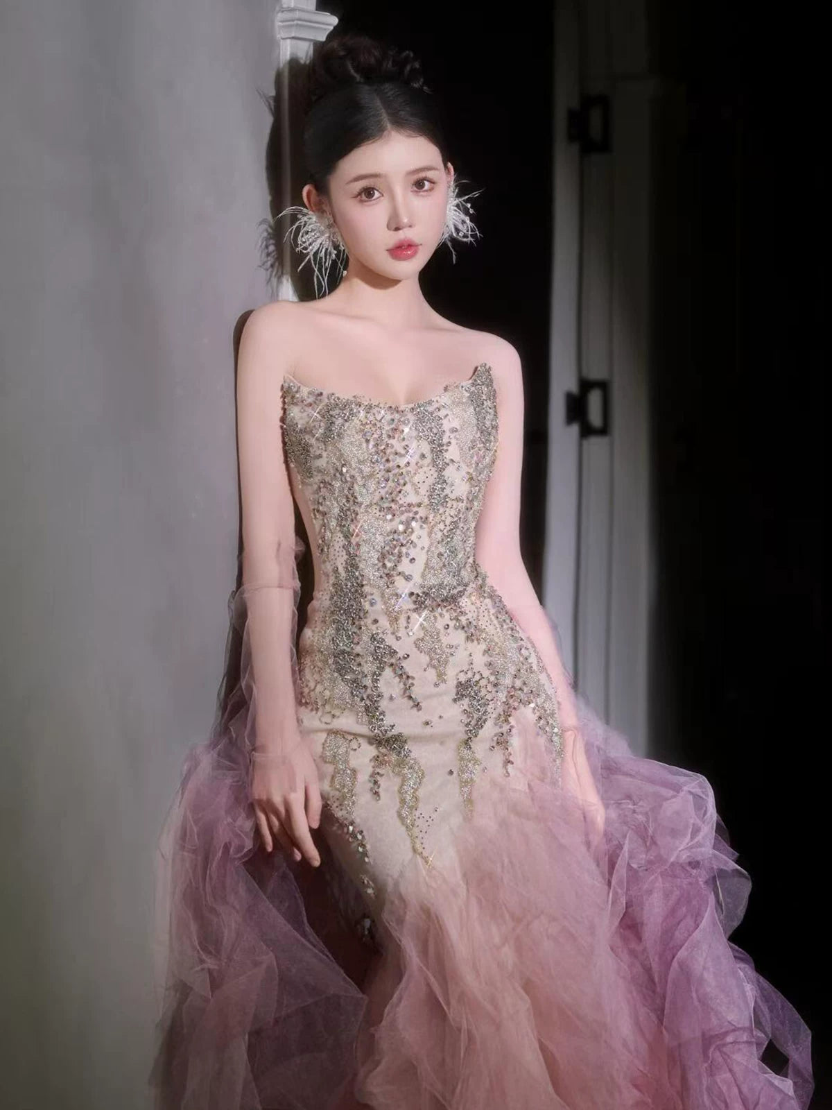 Lovely Strapless Mermaid Ruffled Prom Dress With Sleeves Pink Tulle Beading Sequins Formal Dress AP7131
