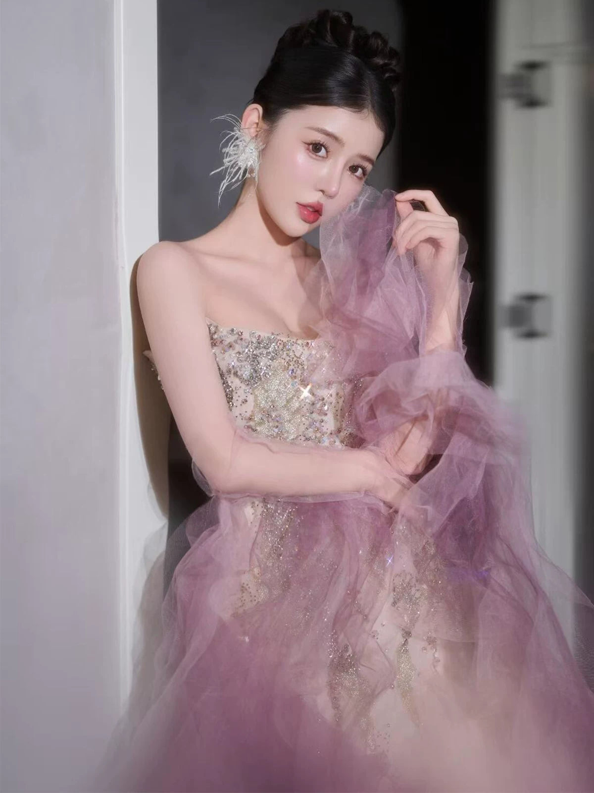 Lovely Strapless Mermaid Ruffled Prom Dress With Sleeves Pink Tulle Beading Sequins Formal Dress AP7131