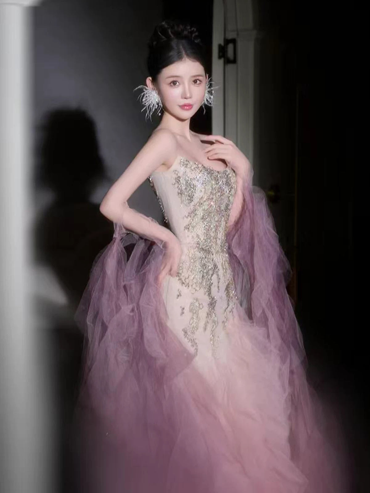 Lovely Strapless Mermaid Ruffled Prom Dress With Sleeves Pink Tulle Beading Sequins Formal Dress AP7131