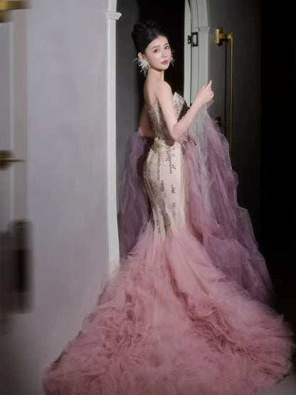 Lovely Strapless Mermaid Ruffled Prom Dress With Sleeves Pink Tulle Beading Sequins Formal Dress AP7131