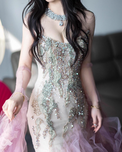 Lovely Strapless Mermaid Ruffled Prom Dress With Sleeves Pink Tulle Beading Sequins Formal Dress AP7131