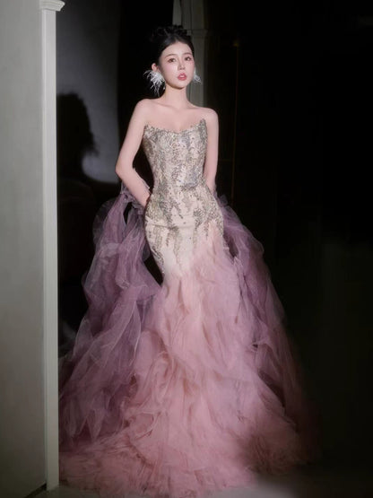 Lovely Strapless Mermaid Ruffled Prom Dress With Sleeves Pink Tulle Beading Sequins Formal Dress AP7131