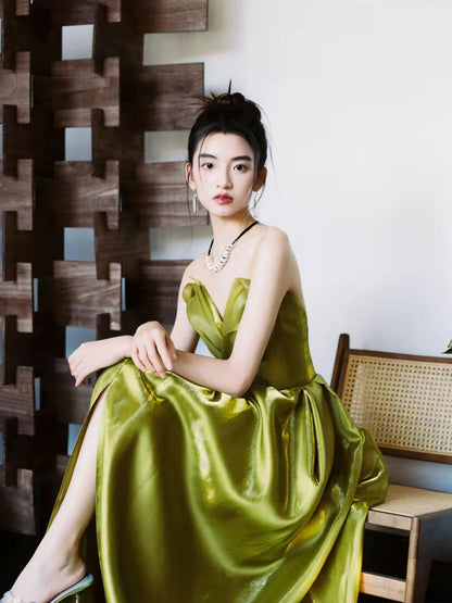 Refined Strapless Yellow Prom Dress Silt Ruffled Ball Gown Satin A-Line Evening Dresses AP7132