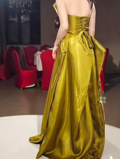 Refined Strapless Yellow Prom Dress Silt Ruffled Ball Gown Satin A-Line Evening Dresses AP7132