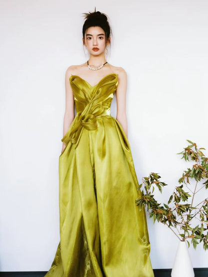 Refined Strapless Yellow Prom Dress Silt Ruffled Ball Gown Satin A-Line Evening Dresses AP7132