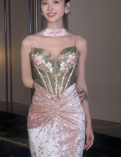 Beautiful Spaghetti Strap Mermaid Prom Dress Beading Appliques Evening Dress AP7133
