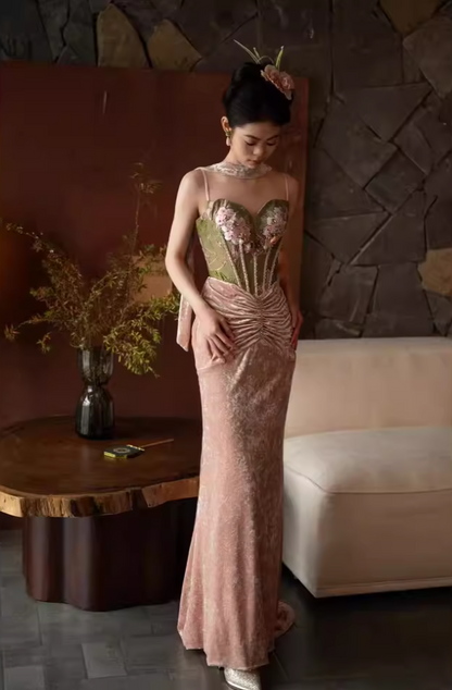 Beautiful Spaghetti Strap Mermaid Prom Dress Beading Appliques Evening Dress AP7133