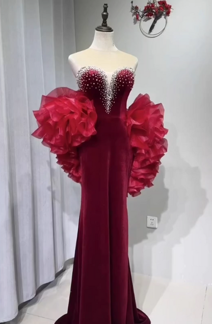 Enchanting Beads Mermaid Prom Dress With Shawl Sweetheart Neck Velvet Formal Dress AP7134