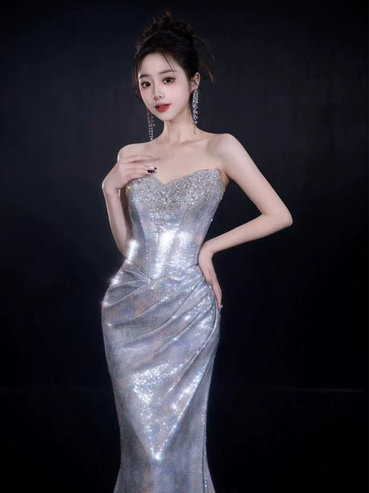 Superb Mermaid Strapless Blue Prom Dress Sequins Beading Formal Dress AP7135