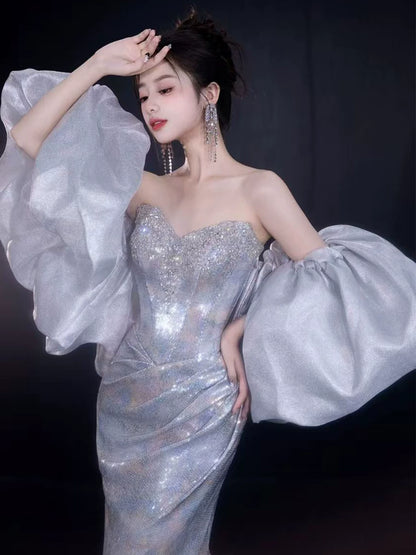 Superb Mermaid Strapless Blue Prom Dress Sequins Beading Formal Dress AP7135