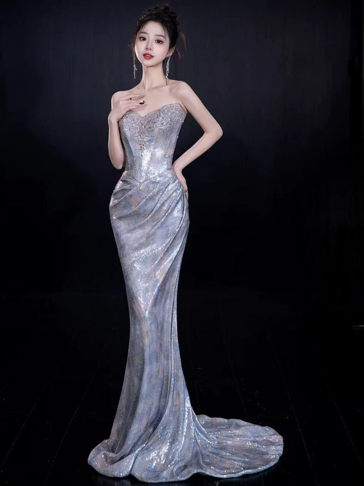 Superb Mermaid Strapless Blue Prom Dress Sequins Beading Formal Dress AP7135