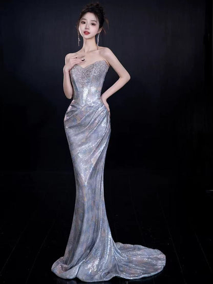 Superb Mermaid Strapless Blue Prom Dress Sequins Beading Formal Dress AP7135