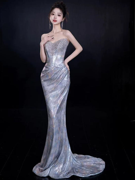 Superb Mermaid Strapless Blue Prom Dress Sequins Beading Formal Dress AP7135