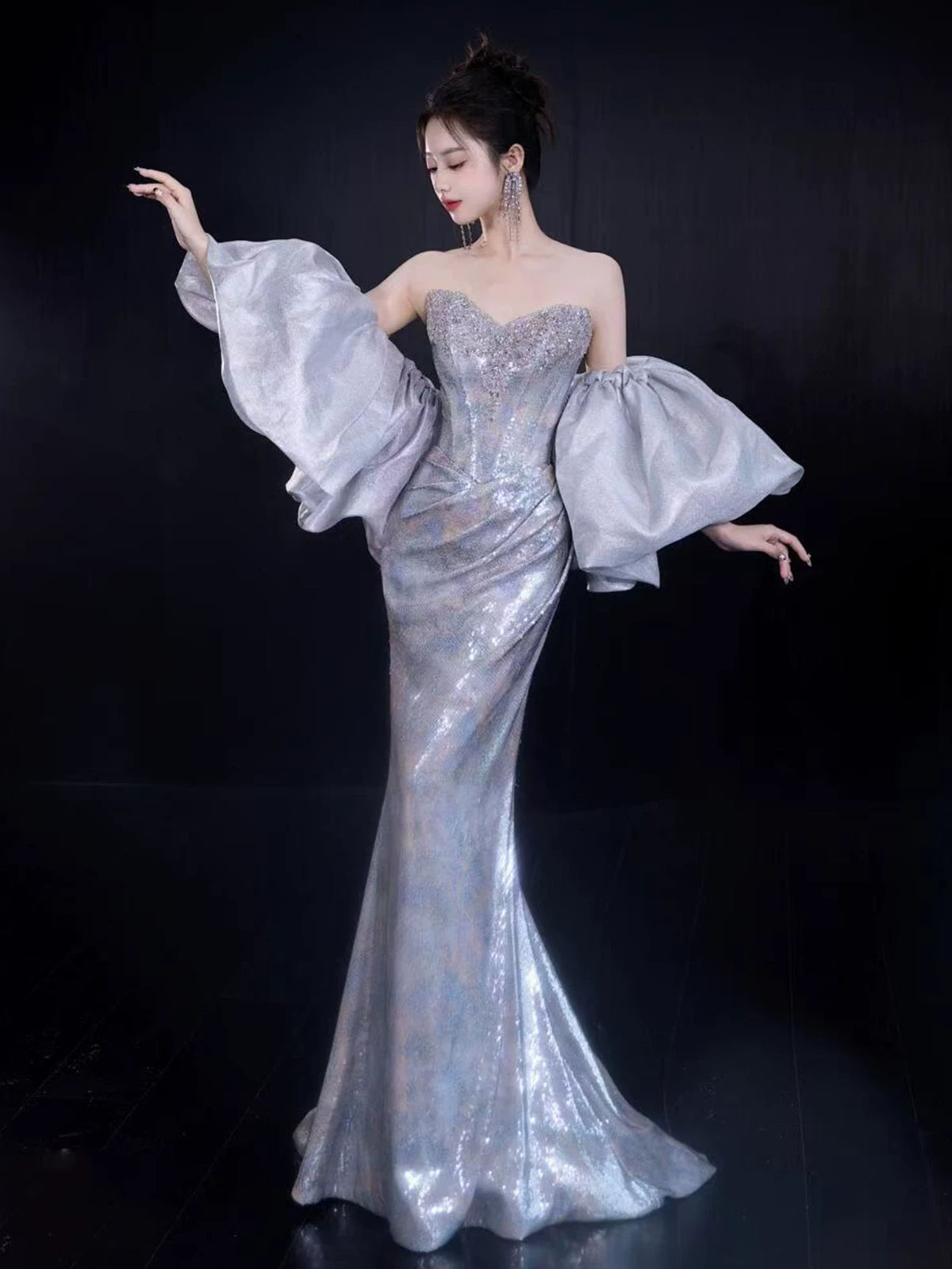 Superb Mermaid Strapless Blue Prom Dress Sequins Beading Formal Dress AP7135