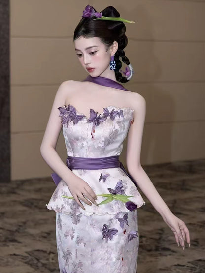 Wonderful Strapless Sheath Purple Prom Dress With Scarf Appliques Beads Evening Dress AP7136