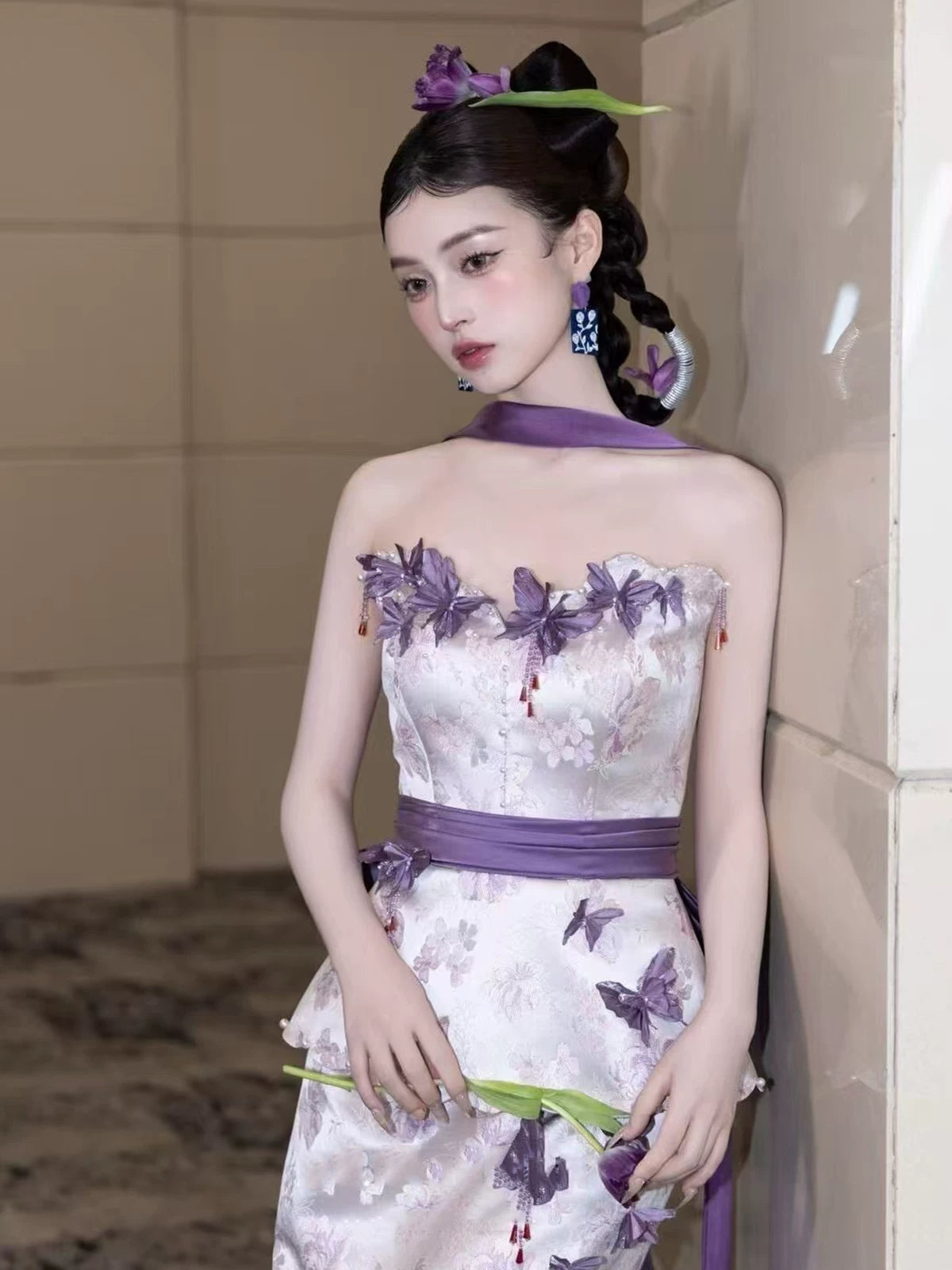 Wonderful Strapless Sheath Purple Prom Dress With Scarf Appliques Beads Evening Dress AP7136