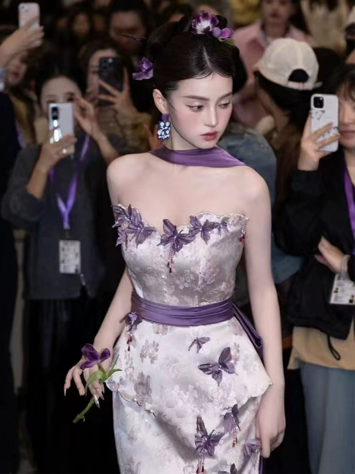 Wonderful Strapless Sheath Purple Prom Dress With Scarf Appliques Beads Evening Dress AP7136