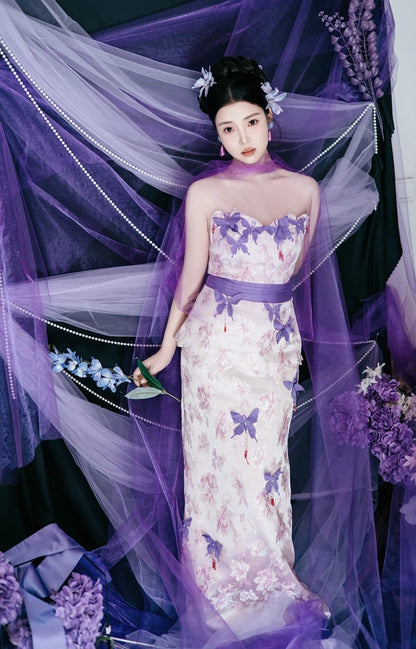 Wonderful Strapless Sheath Purple Prom Dress With Scarf Appliques Beads Evening Dress AP7136