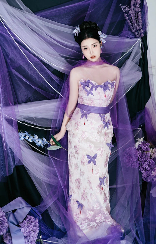 Wonderful Strapless Sheath Purple Prom Dress With Scarf Appliques Beads Evening Dress AP7136