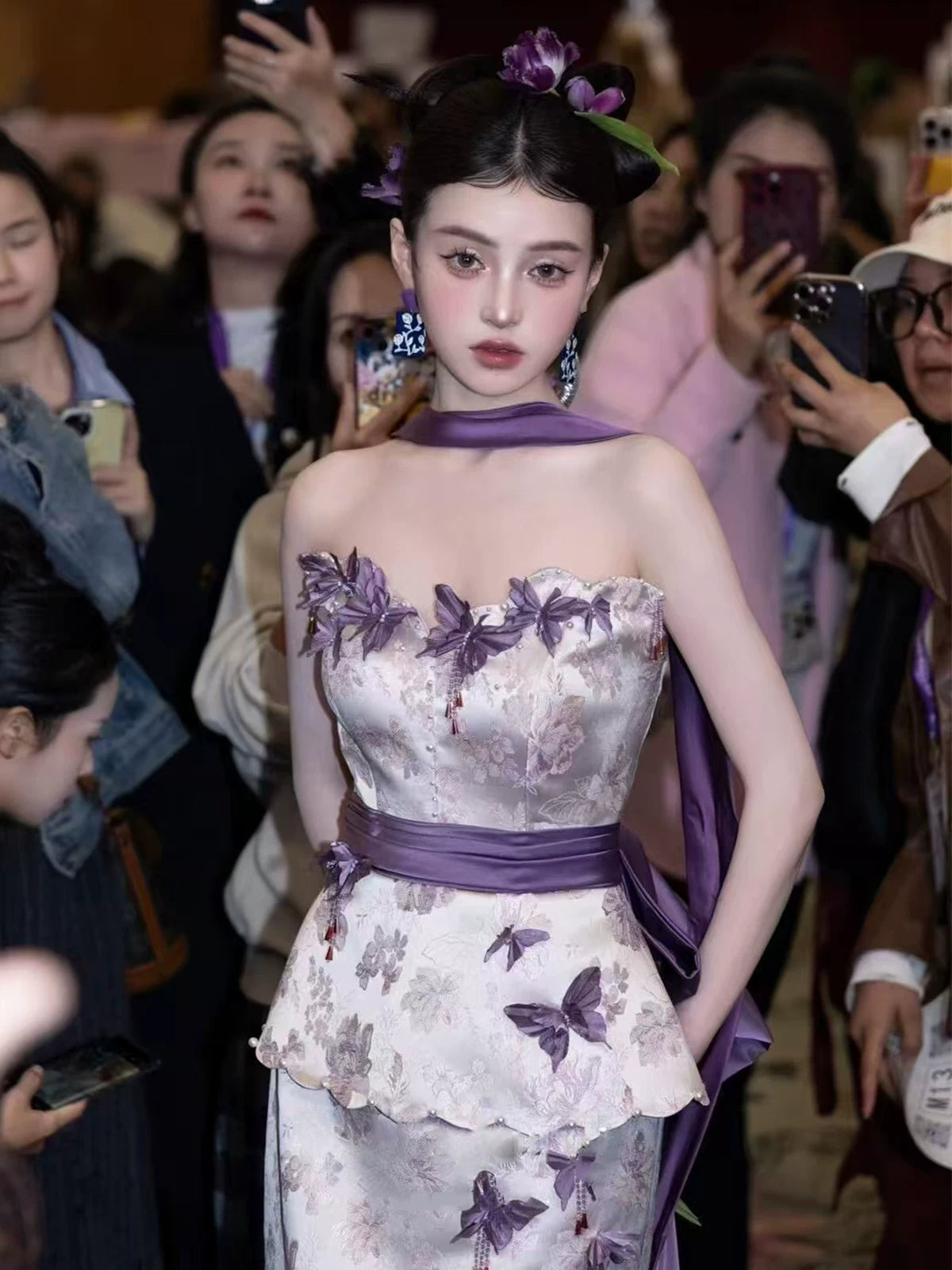 Wonderful Strapless Sheath Purple Prom Dress With Scarf Appliques Beads Evening Dress AP7136