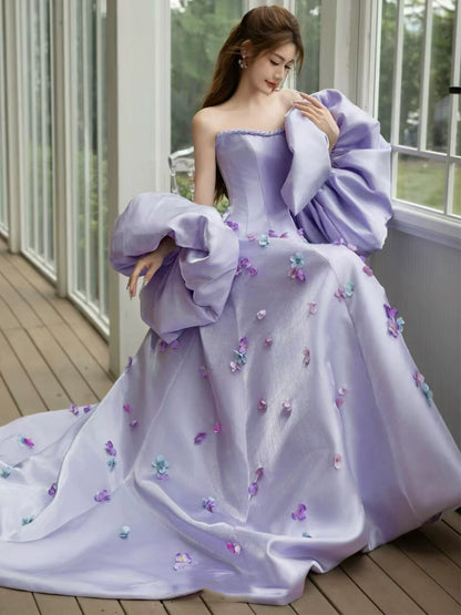 Amazing Strapless Lavender Prom Dress Purple Appliques A-Line Evening Dress With Shawl AP7137