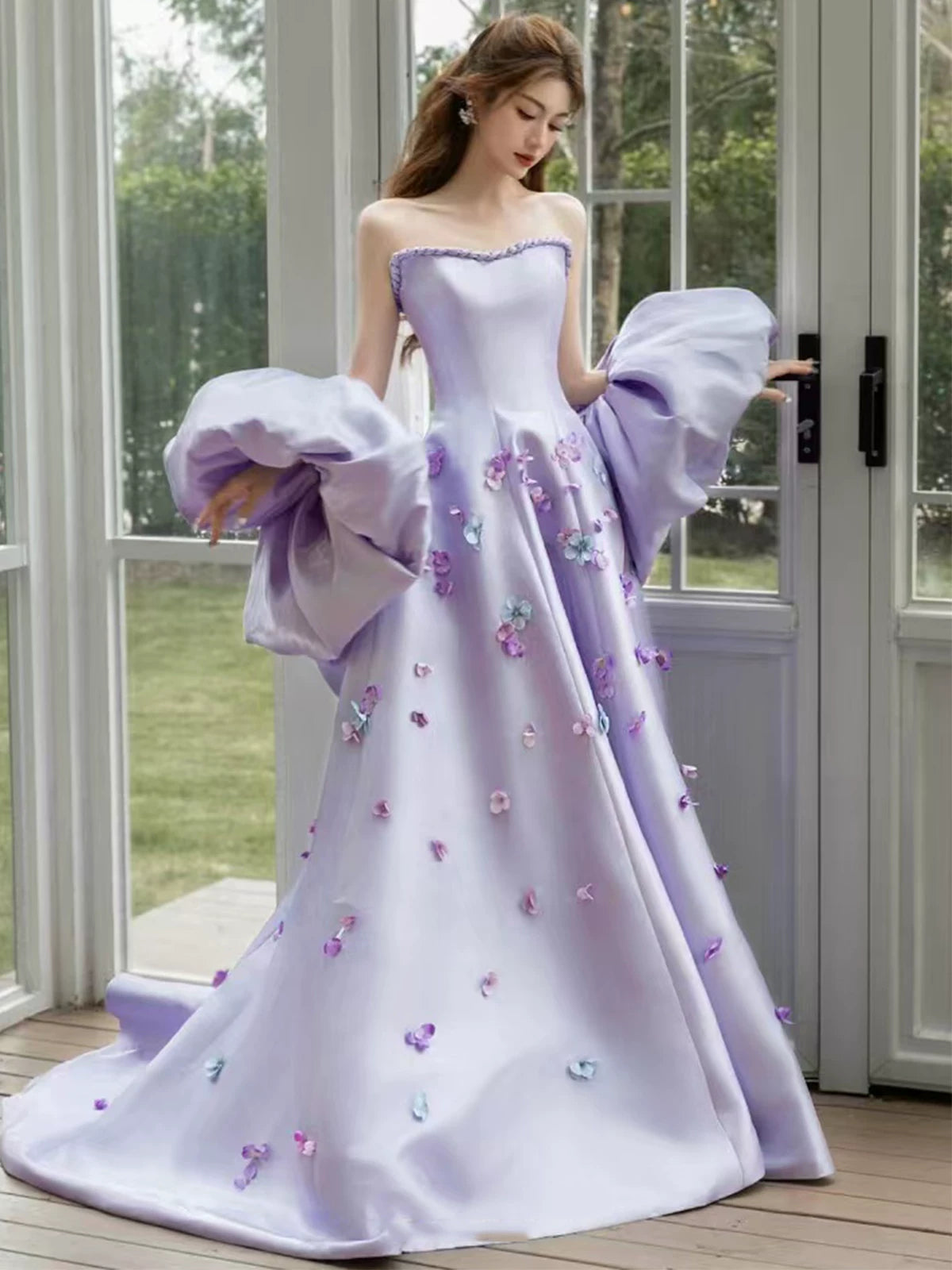 Amazing Strapless Lavender Prom Dress Purple Appliques A-Line Evening Dress With Shawl AP7137