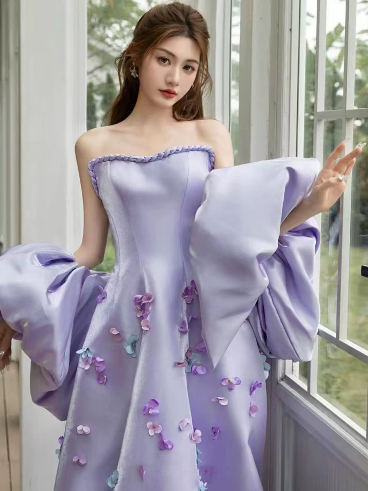Amazing Strapless Lavender Prom Dress Purple Appliques A-Line Evening Dress With Shawl AP7137