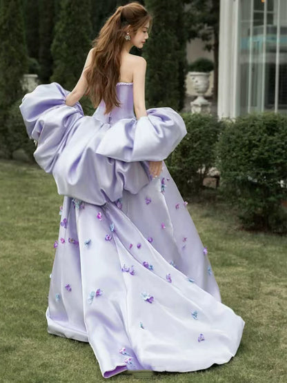 Amazing Strapless Lavender Prom Dress Purple Appliques A-Line Evening Dress With Shawl AP7137