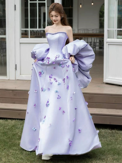 Amazing Strapless Lavender Prom Dress Purple Appliques A-Line Evening Dress With Shawl AP7137
