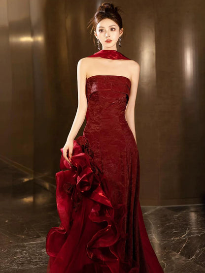 Appealing Strapless Ruffles Red Prom Dress Appliques A-Line Evening Dress With Scarf AP7138