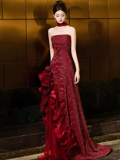 Appealing Strapless Ruffles Red Prom Dress Appliques A-Line Evening Dress With Scarf AP7138